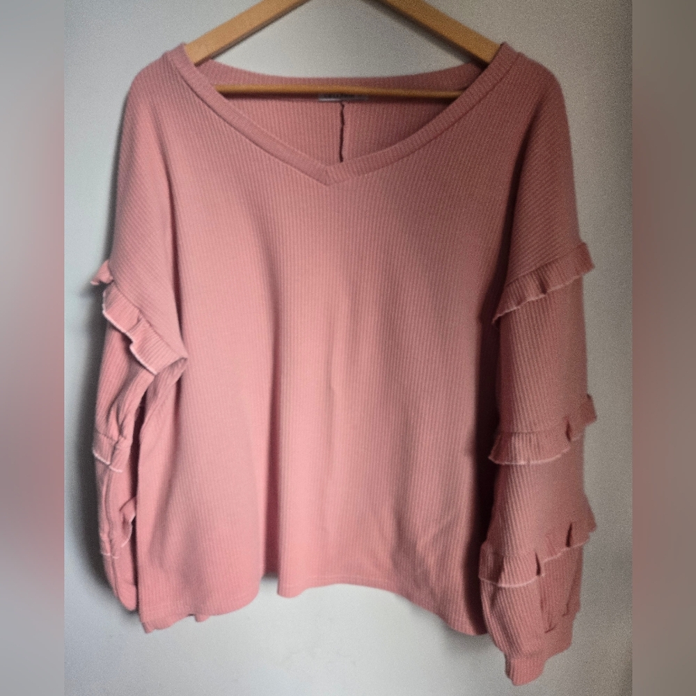 CELLABIE Pink Ruffled Sleeve Cotton Blend Sweater